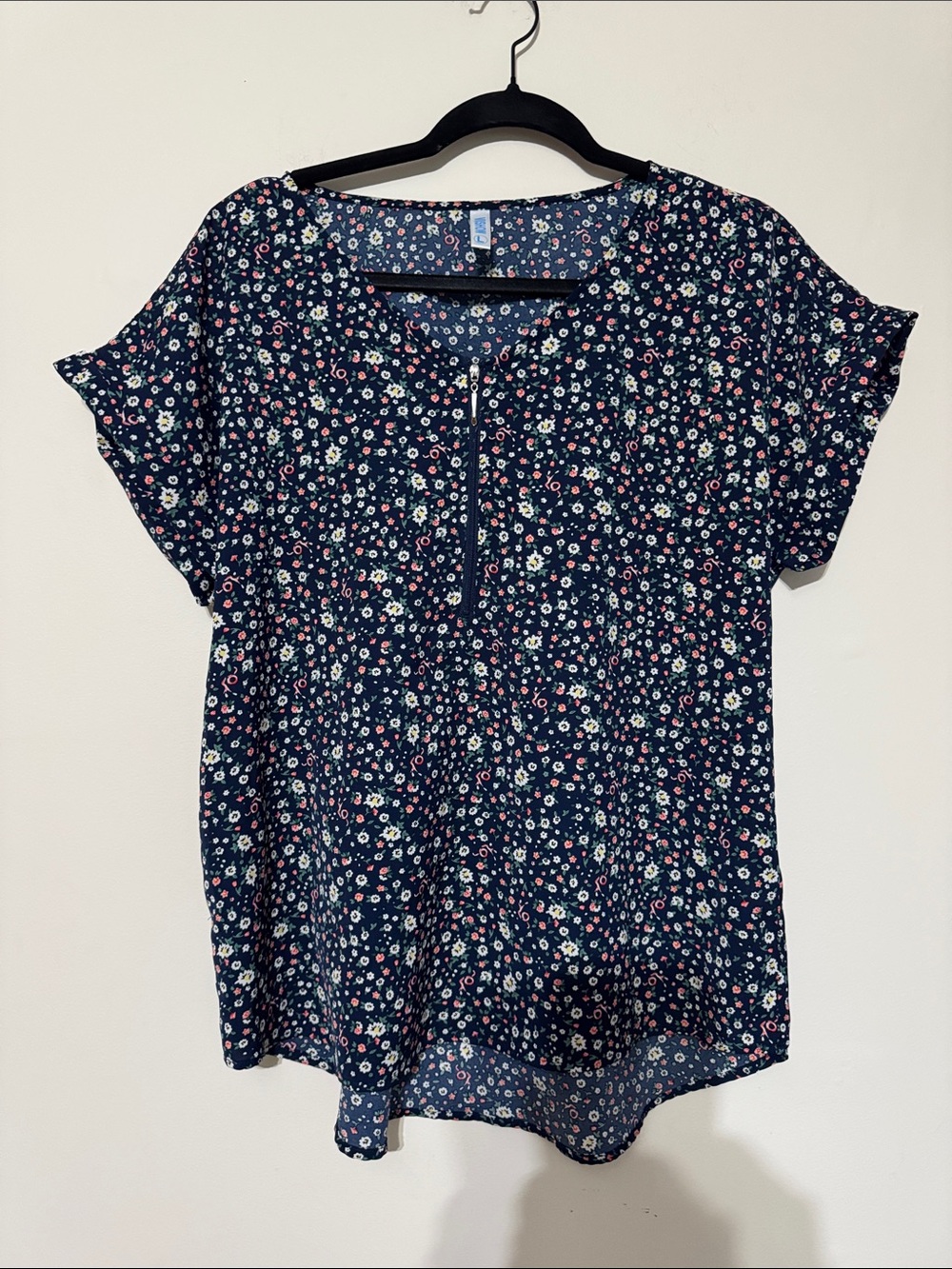 Navy Floral Short-Sleeve Blouse with Front Zip Detail